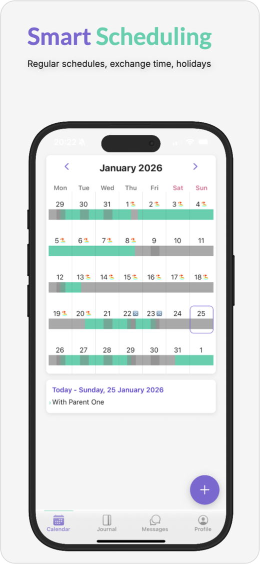 CoPals calendar screen: Smart Scheduling — regular schedules, exchange time, holidays