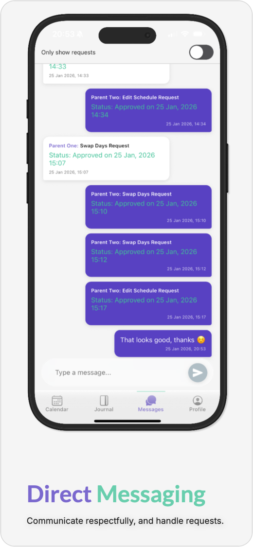 CoPals messaging screen: Direct Messaging — communicate respectfully and handle requests