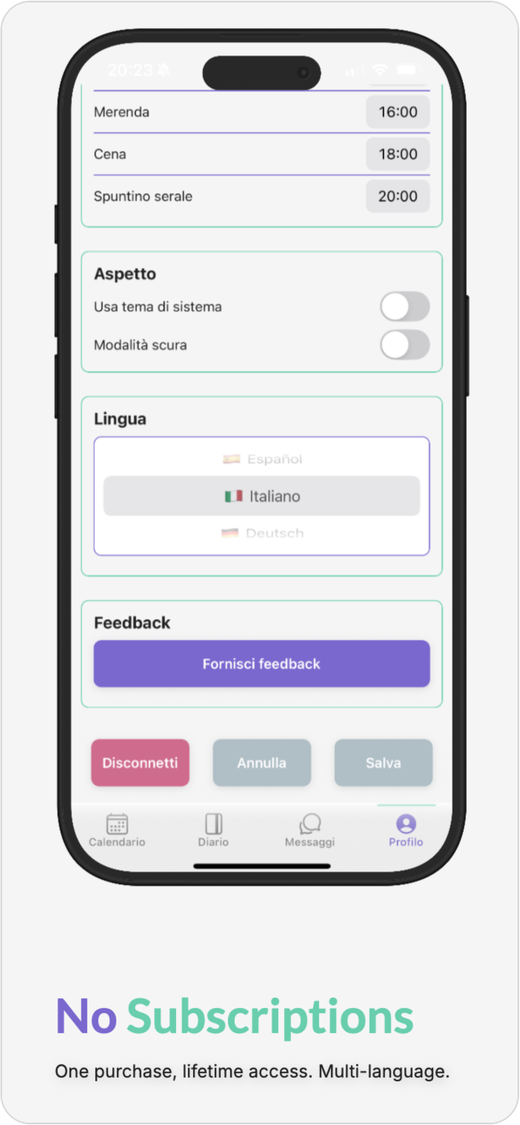 CoPals settings screen: No Subscriptions — one purchase, lifetime access, multi-language